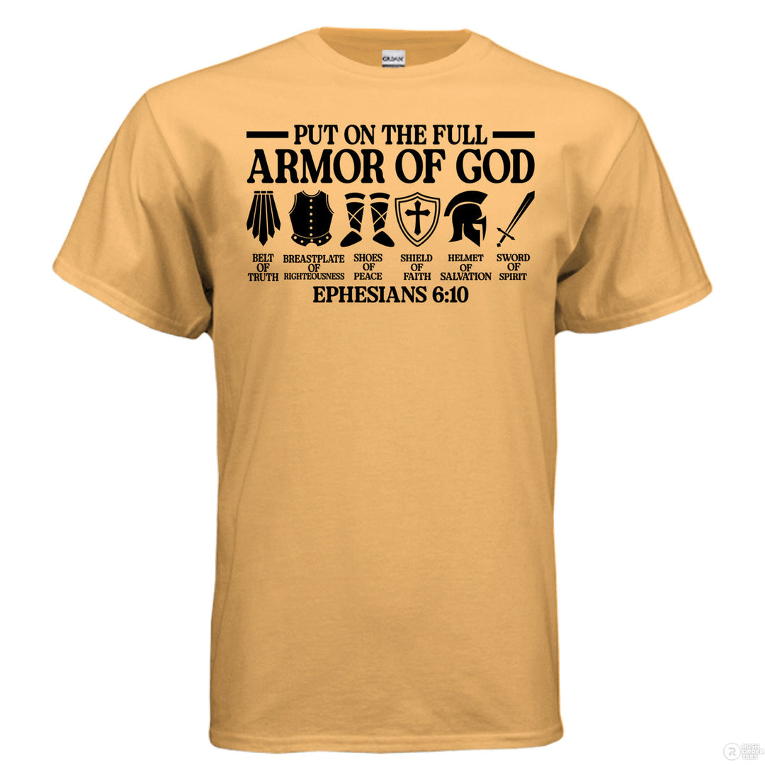 Tennessee orange Christian t-shirt with icons of armor and bold text reading ‘Put on the full armor of God – Ephesians 6:10’