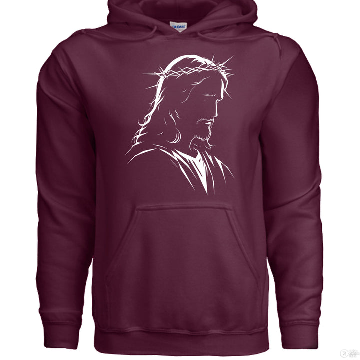 Maroon Christian hoodie with minimalist white line art of Jesus wearing a crown of thorns, head bowed in a reverent and solemn expression