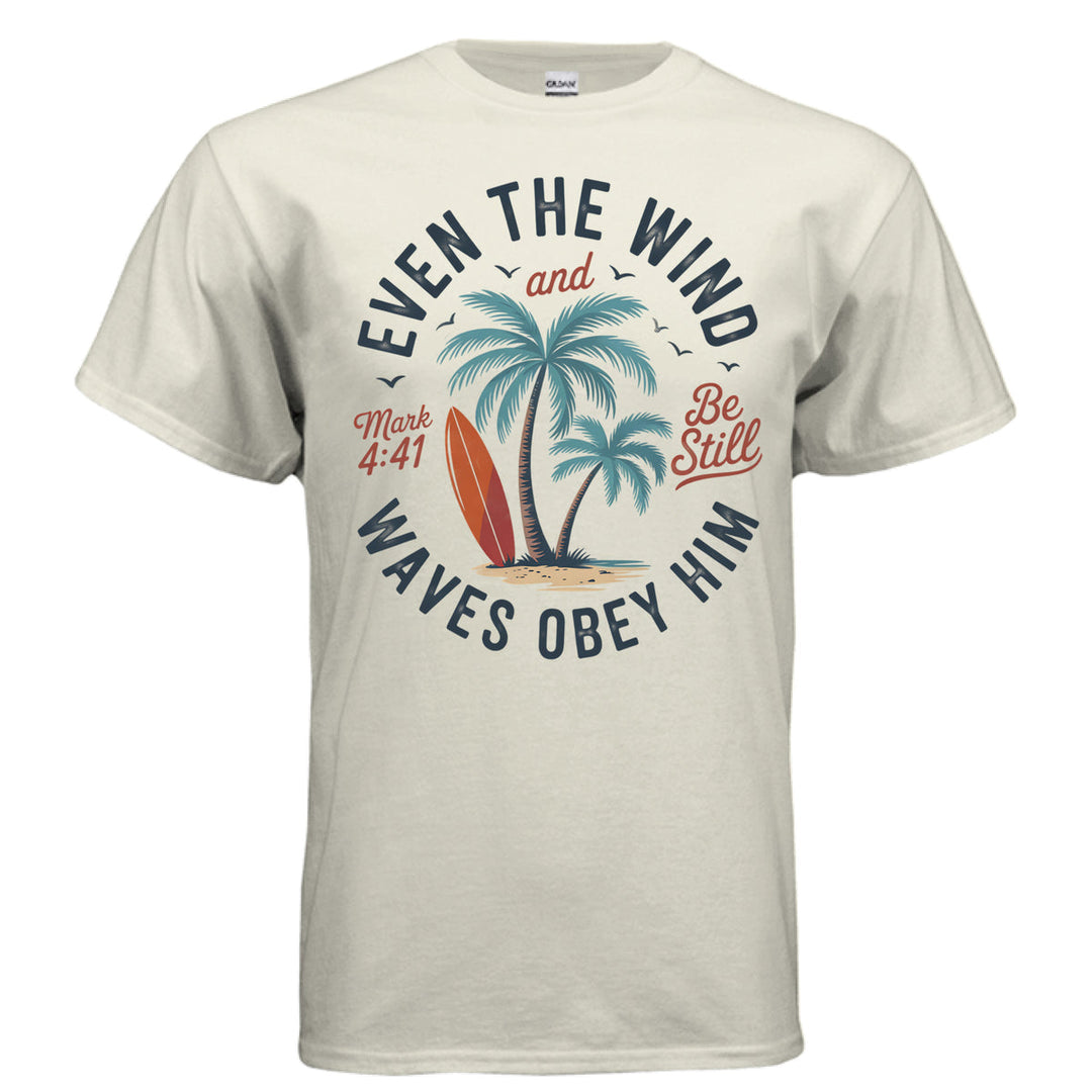 Natural Christian t-shirt with palm trees, a red surfboard, and the words ‘Even the wind and waves obey Him – Mark 4:41’ and ‘Be Still’