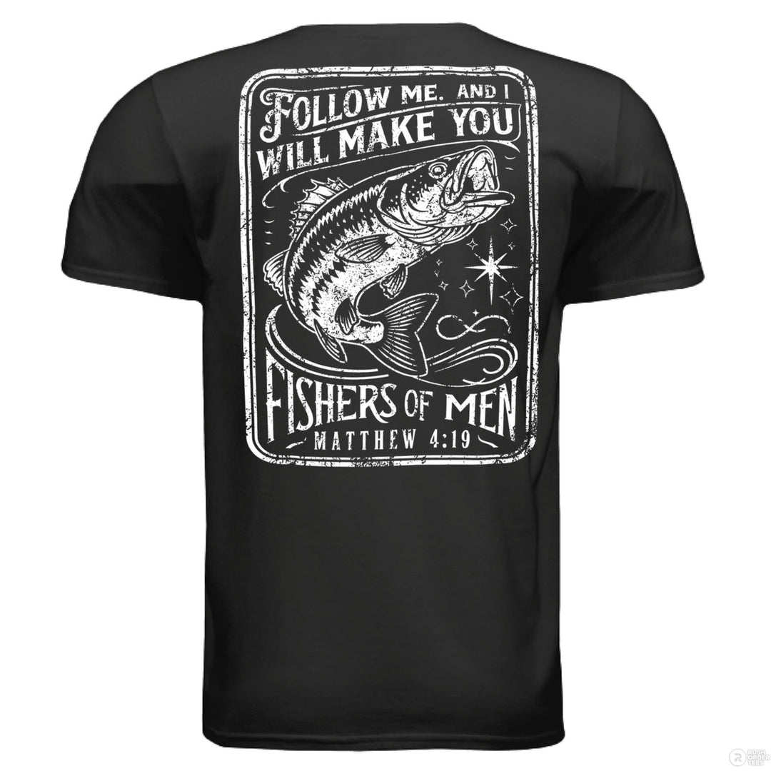 Black tee with bold back design of leaping fish and verse Matthew 4:19; front features smaller matching fish and hook graphic.