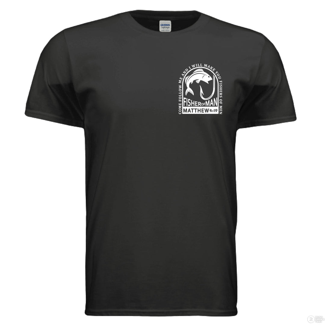 Black tee with bold back design of leaping fish and verse Matthew 4:19; front features smaller matching fish and hook graphic.