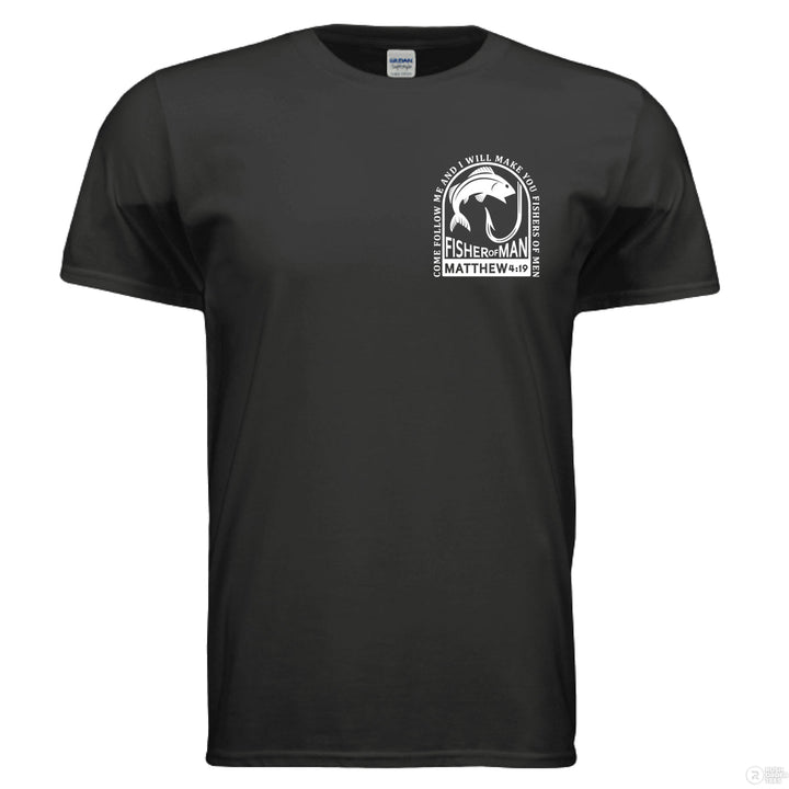 Black tee with bold back design of leaping fish and verse Matthew 4:19; front features smaller matching fish and hook graphic.