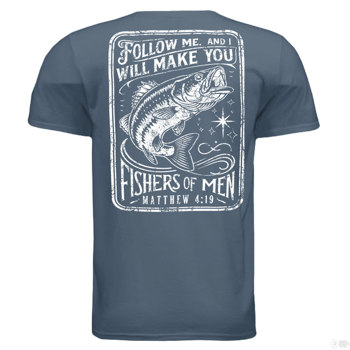 Indigo blue tee with bold back design of leaping fish and verse Matthew 4:19; front features smaller matching fish and hook graphic.