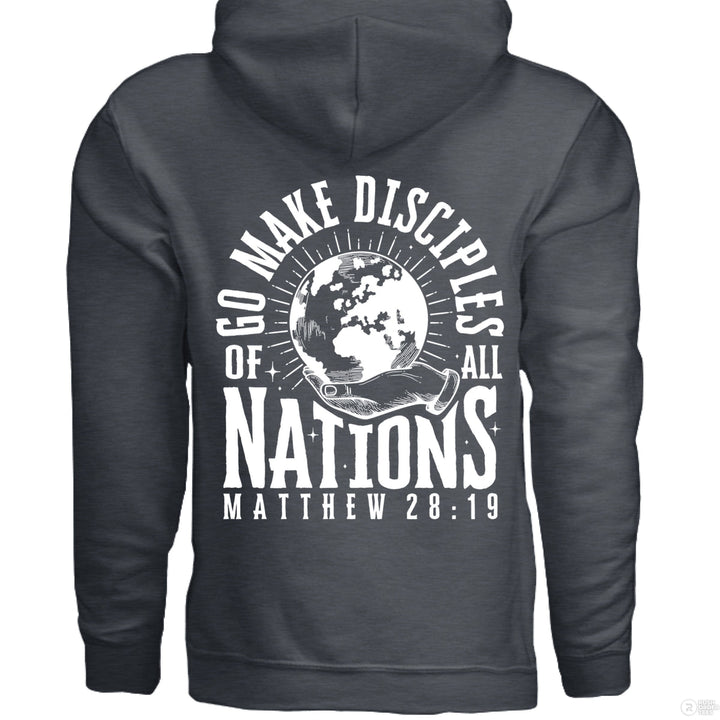 Dark Heather Christian hoodie with front globe design and large back text ‘Go make disciples of all nations’ with hand and Matthew 28:19