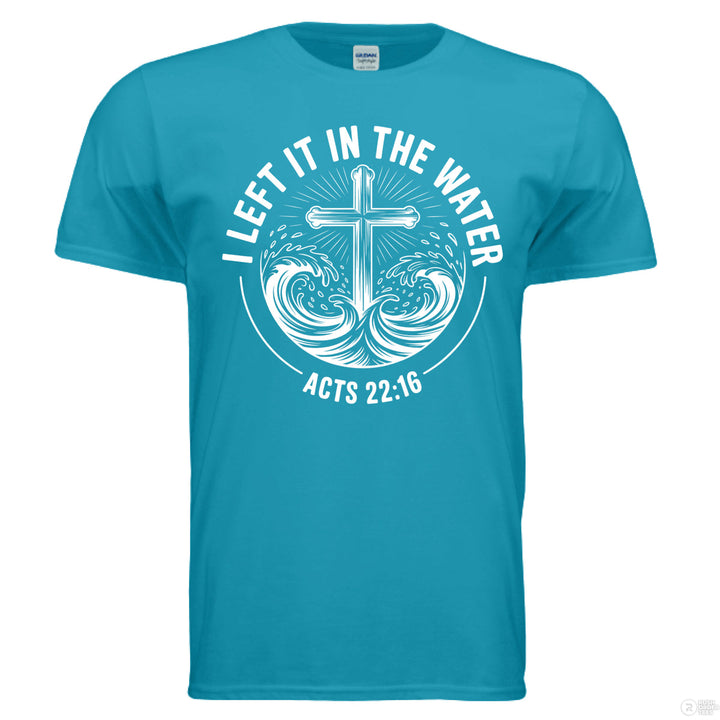Tropical blue Christian t-shirt with a cross emerging from waves and the phrase ‘I Left It in the Water’ with Acts 22:16 in bold white text