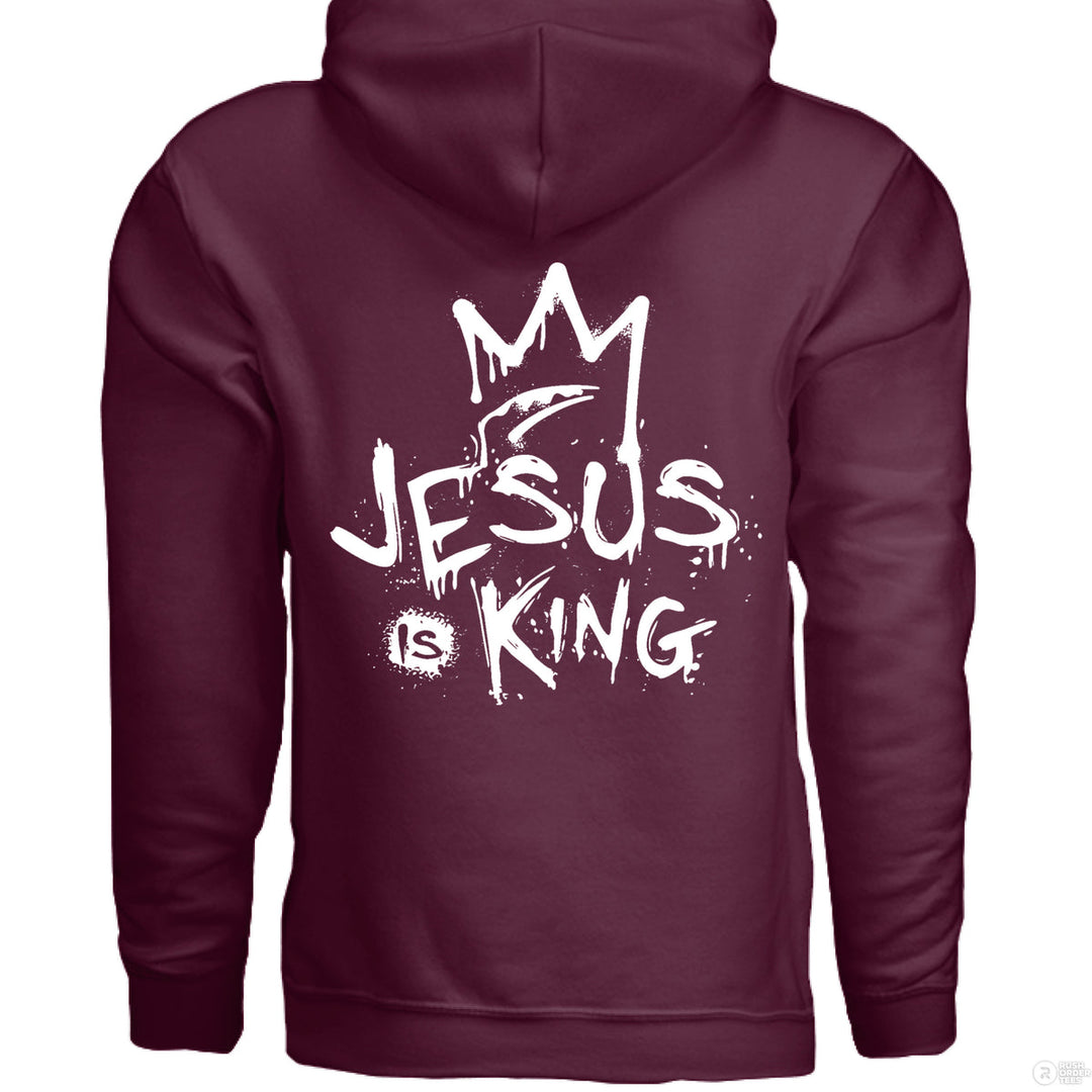 Maroon Christian hoodie with front spray-paint cross and bold back graffiti-style text reading ‘Jesus is King’ with crown design