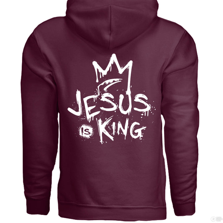 Maroon Christian hoodie with front spray-paint cross and bold back graffiti-style text reading ‘Jesus is King’ with crown design