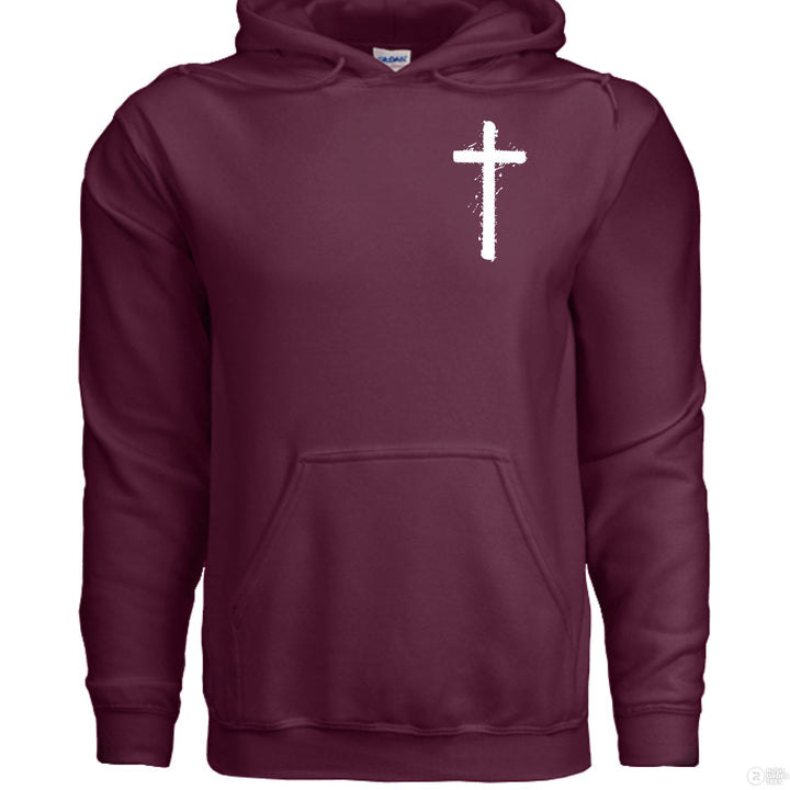 Maroon Christian hoodie with front spray-paint cross and bold back graffiti-style text reading ‘Jesus is King’ with crown design