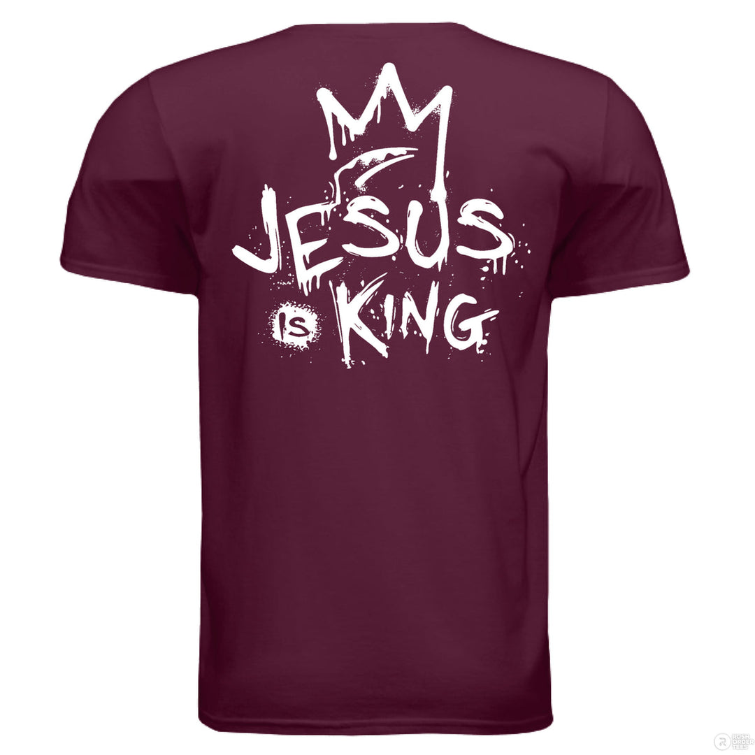 Maroon Christian t-shirt with front spray-paint cross and bold back graffiti-style text reading ‘Jesus is King’ with crown design