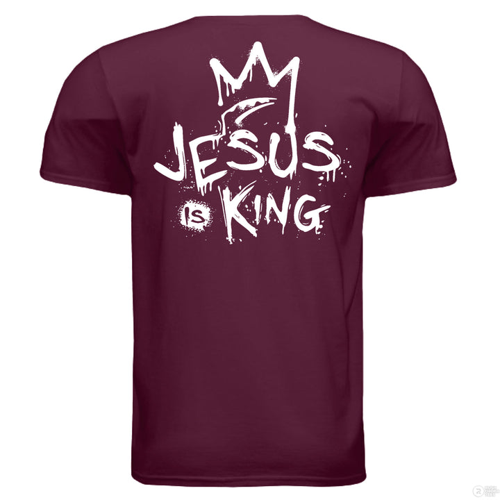 Maroon Christian t-shirt with front spray-paint cross and bold back graffiti-style text reading ‘Jesus is King’ with crown design