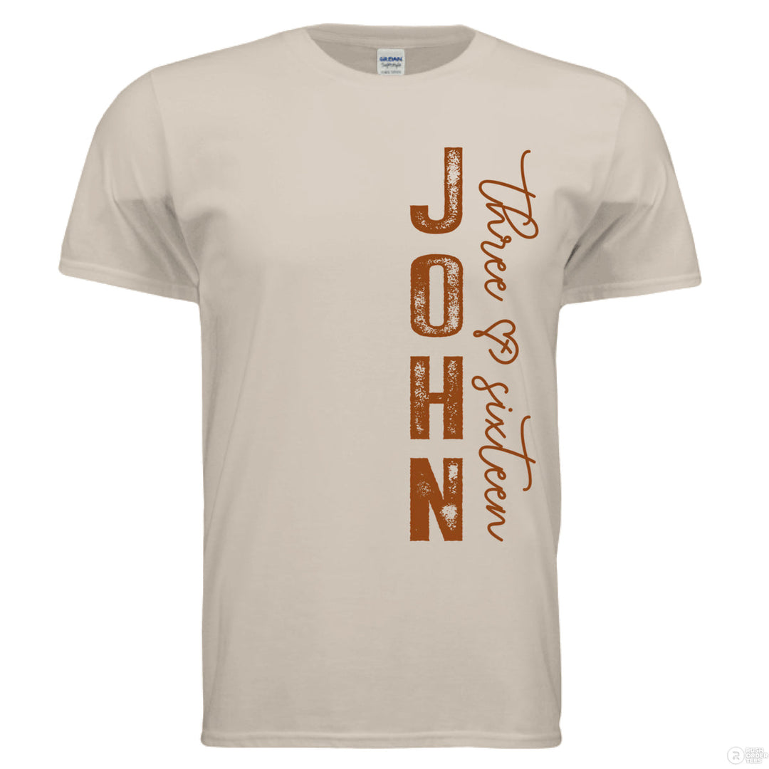 Vertical “John 3:16” on front; full verse on back in distressed text: “For God so loved the world...” with heart-cross graphic under the word “eternal.”