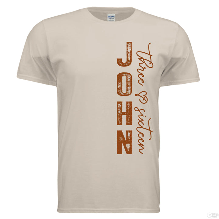 Vertical “John 3:16” on front; full verse on back in distressed text: “For God so loved the world...” with heart-cross graphic under the word “eternal.”