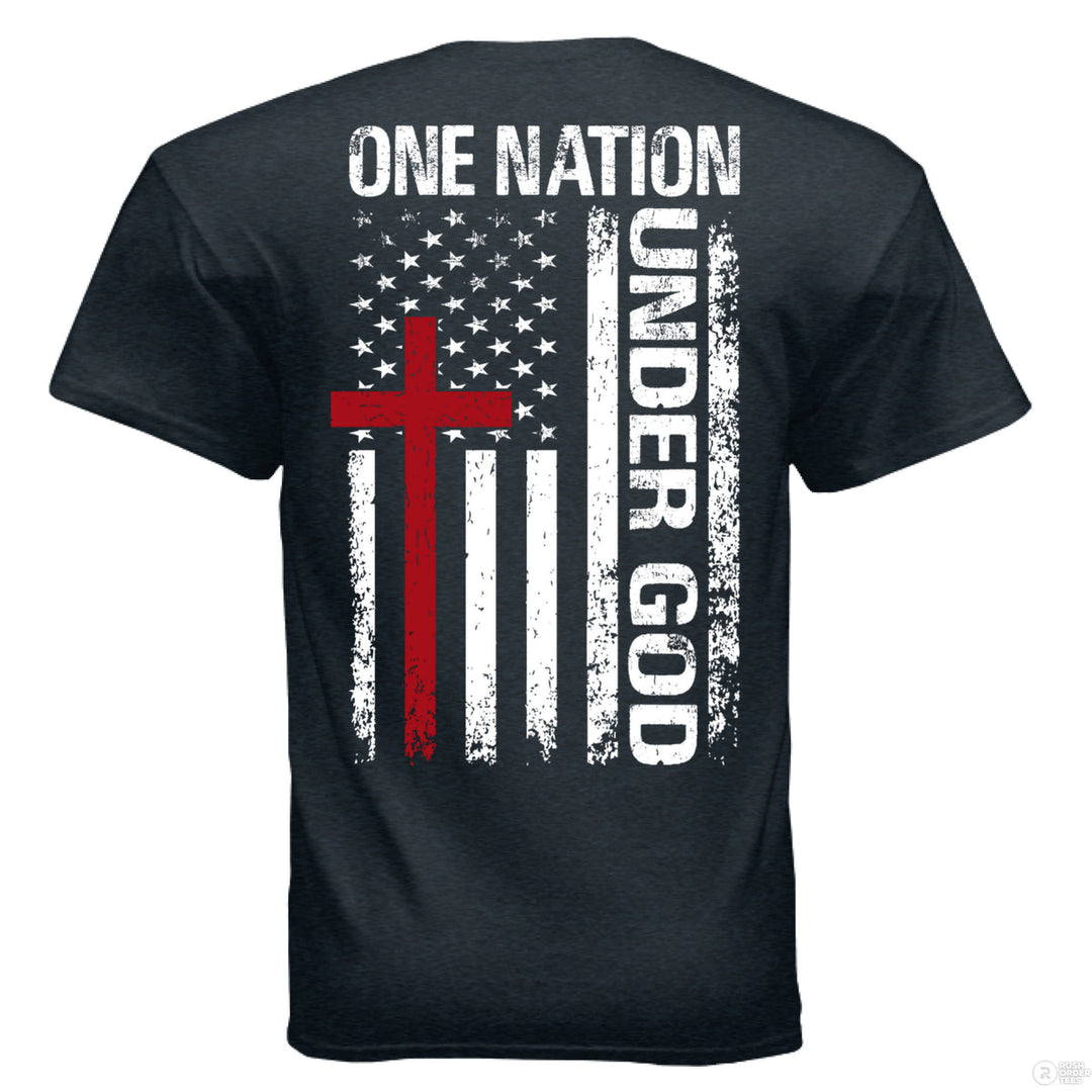 Midnight Christian t-shirt with a distressed American flag, bold red cross, and the words ‘One Nation Under God’ in large white text