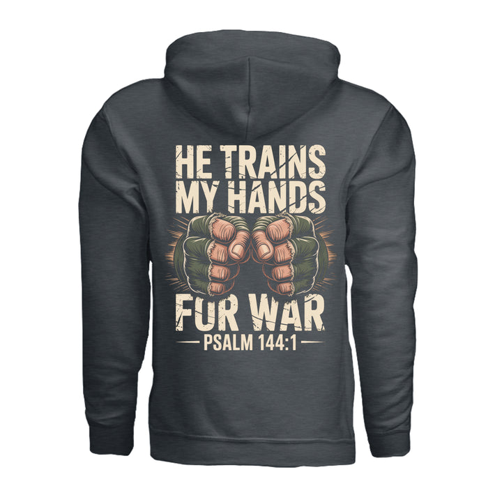 He Trains My Hands Hoodie - Dark Heather - Back - Stone &amp; Sling