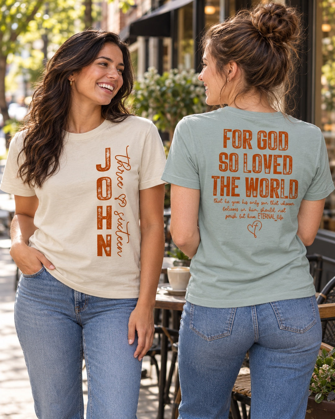 John 3:16 Unisex Tee - Cream and pale green - Front and back lifestyle view of two women - Stone & Sling