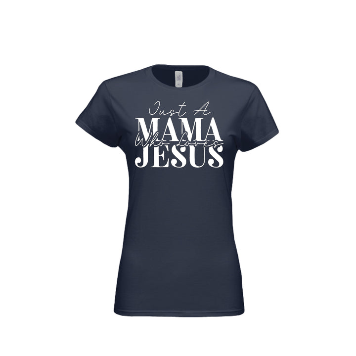 Mama Loves Jesus Fitted Tee in Navy – front graphic