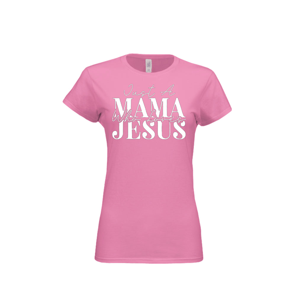 Mama Loves Jesus Fitted Tee in Azalea – front graphic