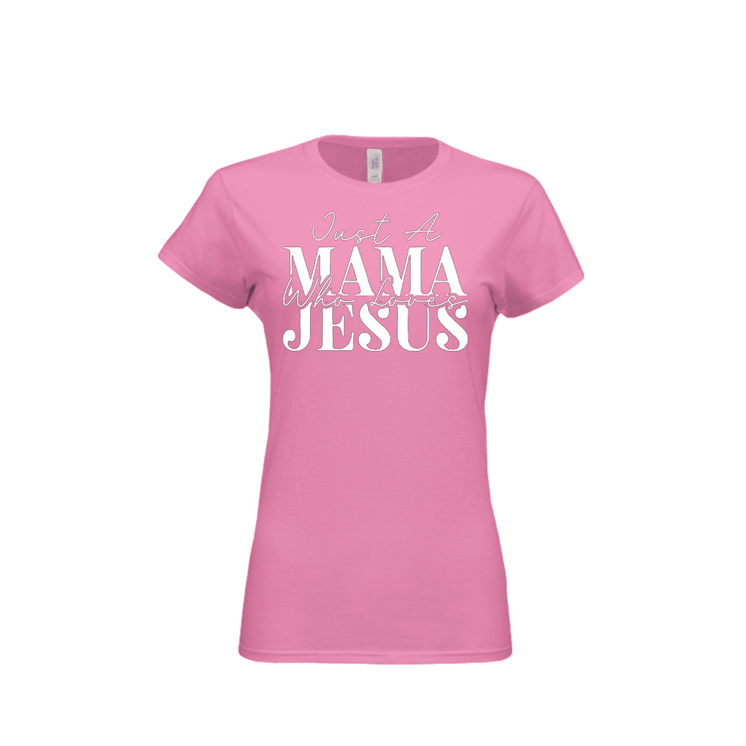 Mama Loves Jesus Fitted Tee in Azalea – front graphic