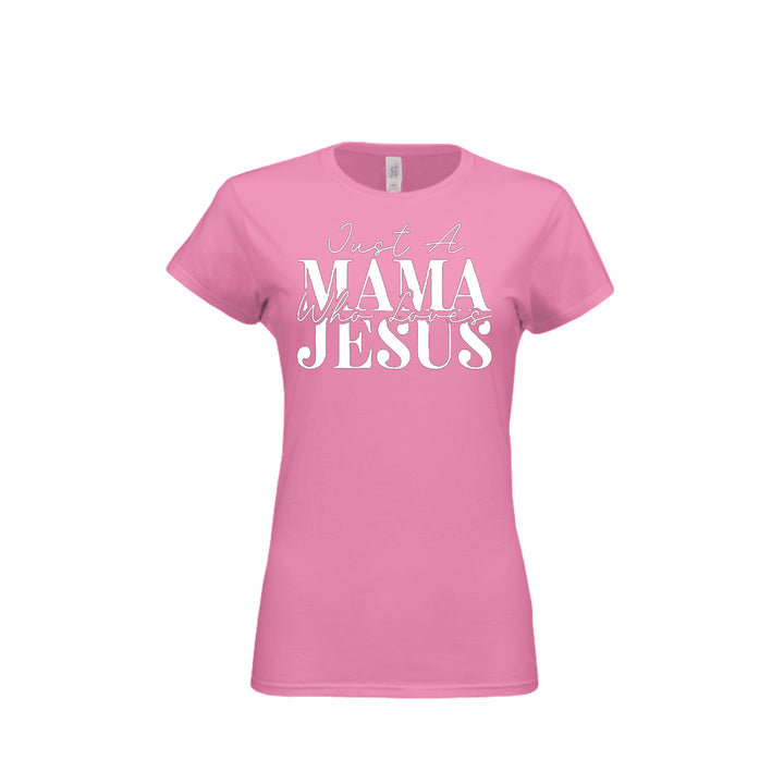 Mama Loves Jesus Fitted Tee in Azalea – front graphic