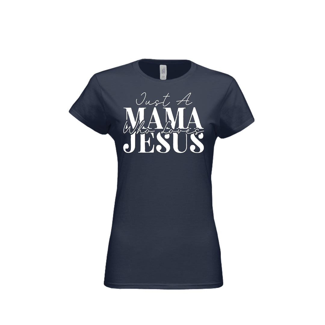 Mama Loves Jesus Fitted Tee in Navy – front graphic
