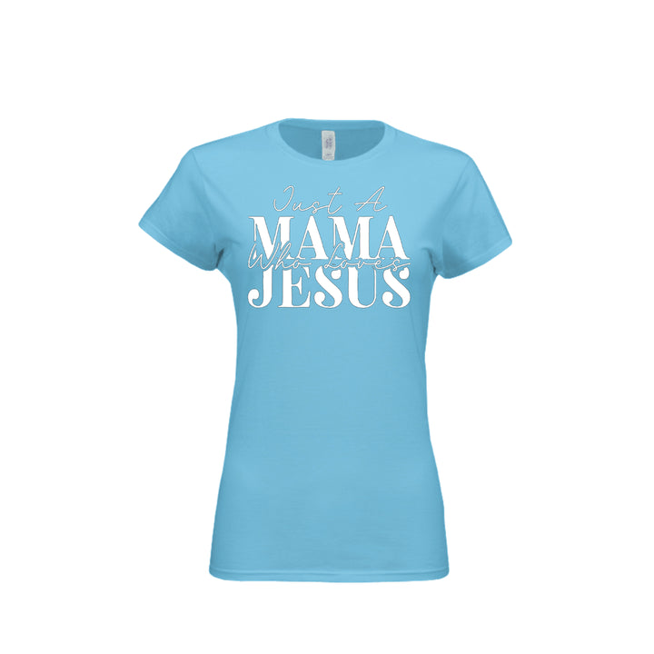Mama Loves Jesus Fitted Tee in Sky – front graphic