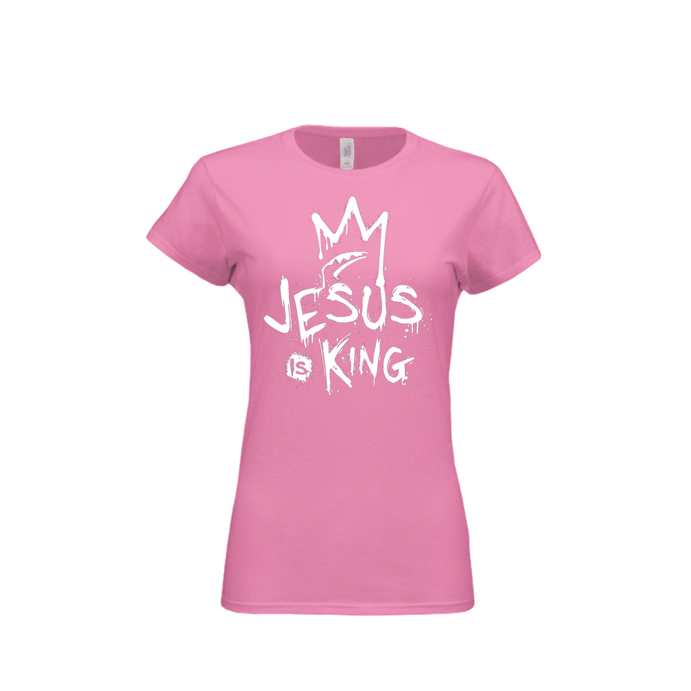Jesus Is King Fitted Tee in Azalea – front graphic