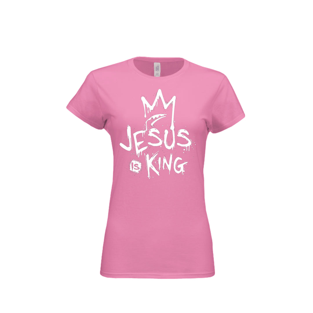 Jesus Is King Fitted Tee in Azalea – front graphic
