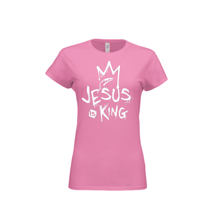 Jesus Is King Fitted Tee in Azalea – front graphic