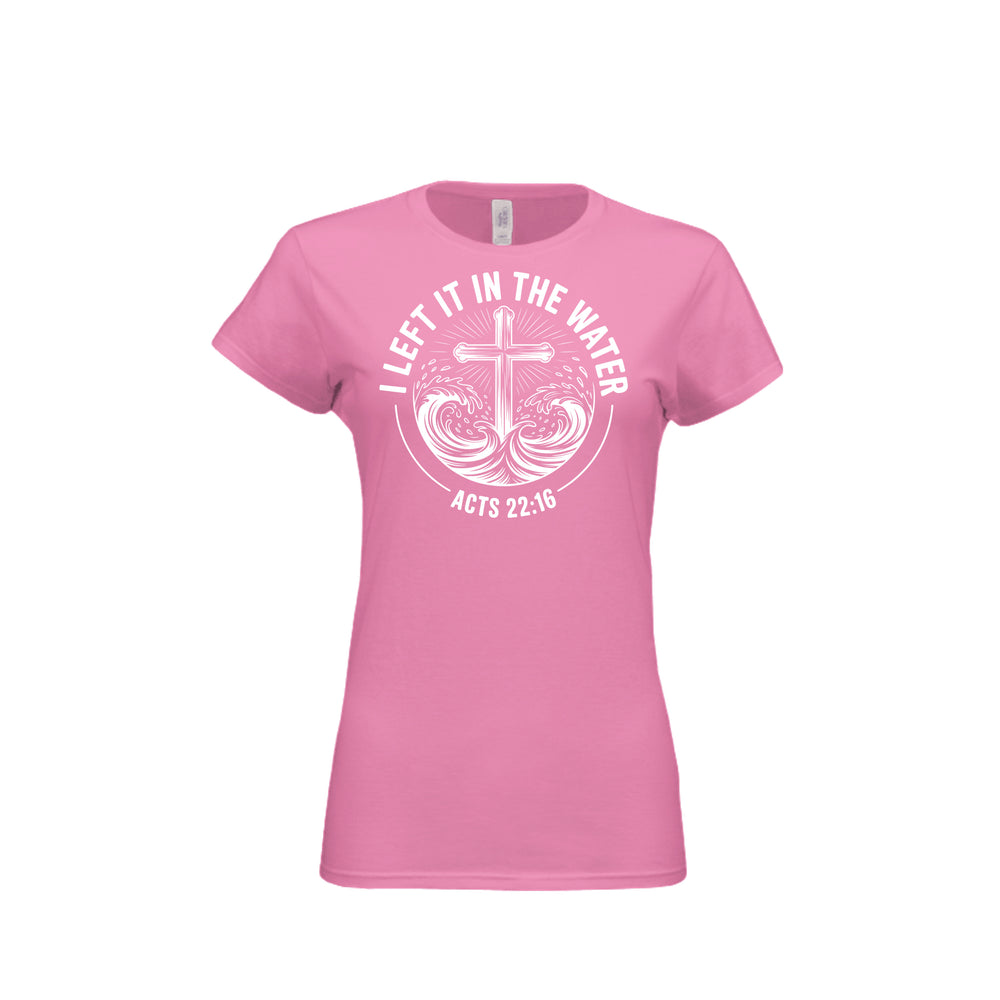 Left It in the Water Fitted Tee in Azalea – front graphic