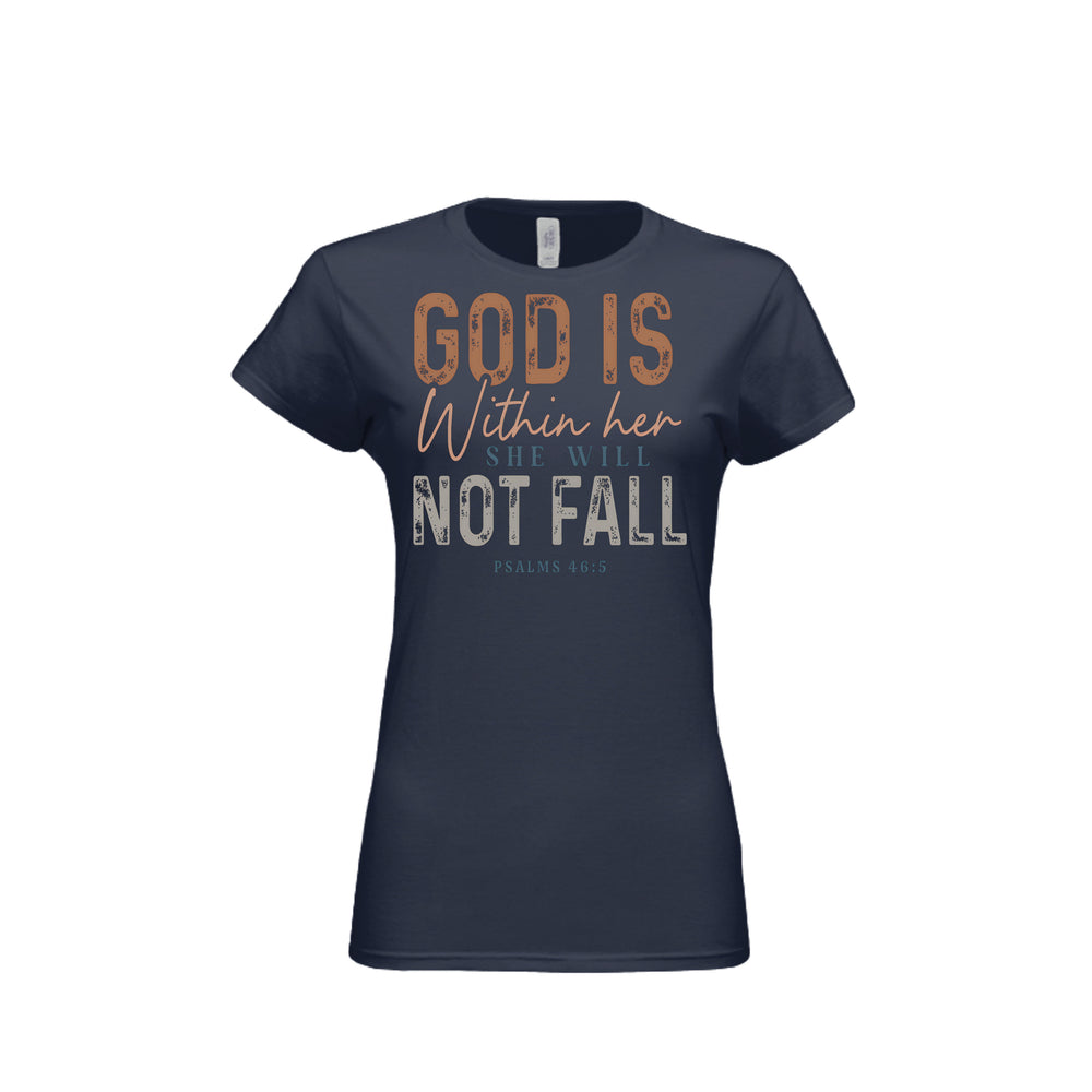 God Is Within Her Fitted Tee in Navy – front graphic