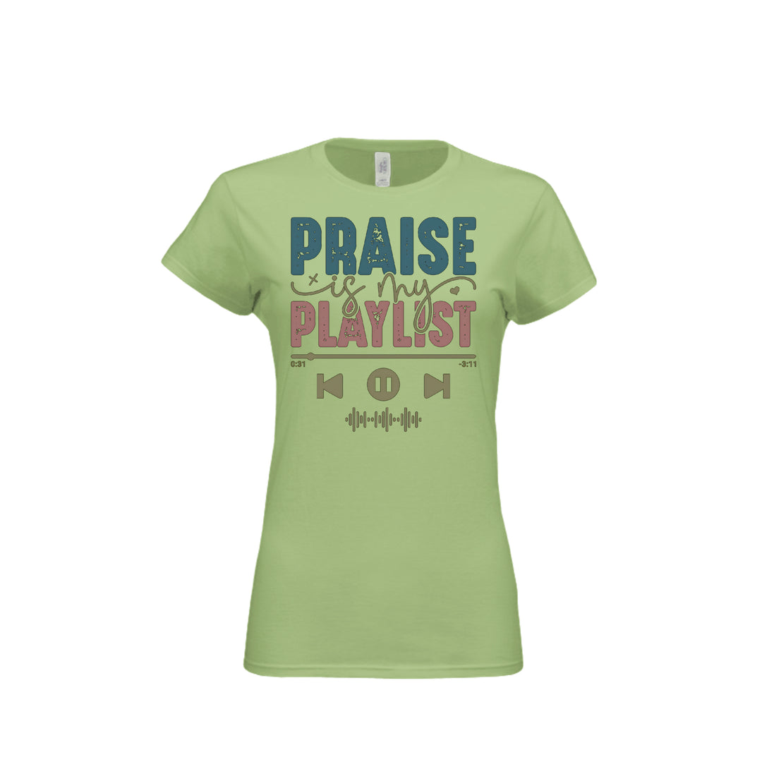 Praise Is My Playlist Fitted Tee in Pistachio – front graphic