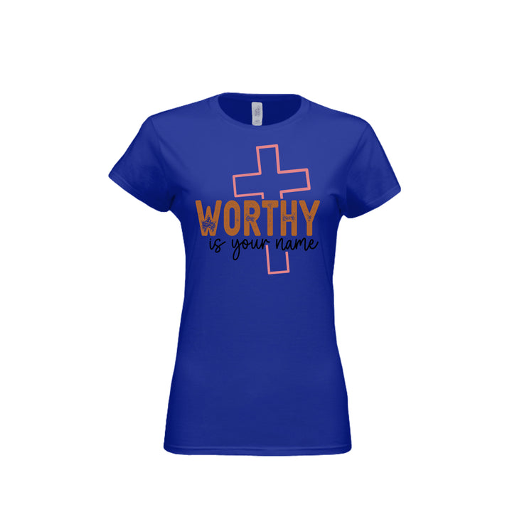 Worthy Is Your Name Fitted Tee in Royal – front graphic