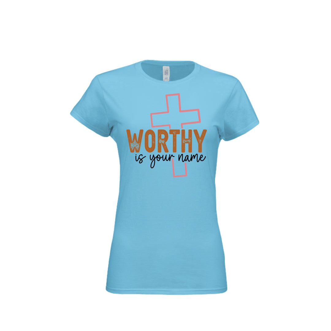 Worthy Is Your Name Fitted Tee in Sky – front graphic