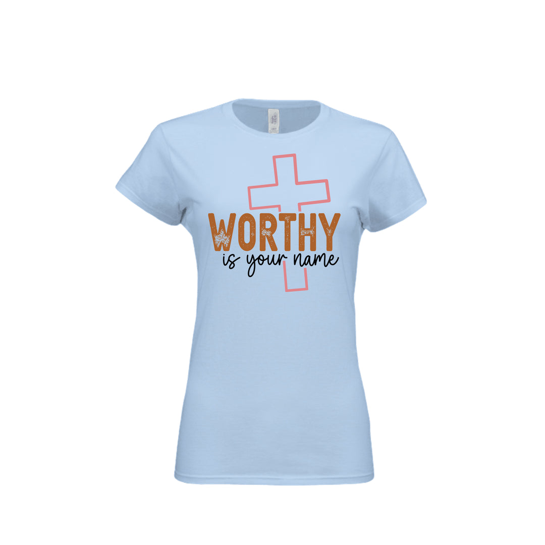 Worthy Is Your Name Fitted Tee in Light Blue – front graphic