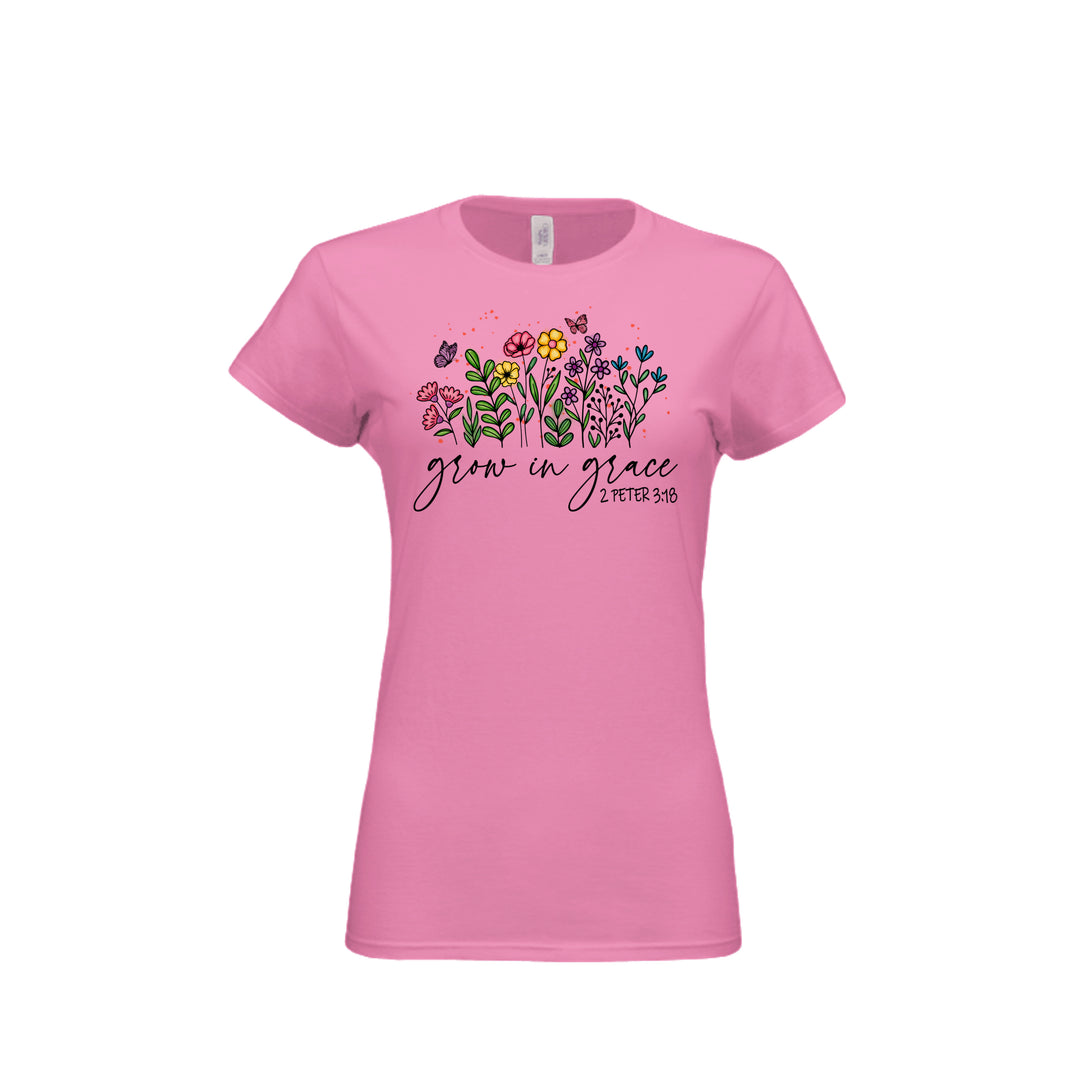 Grow in Grace Fitted Tee in Azalea – front graphic