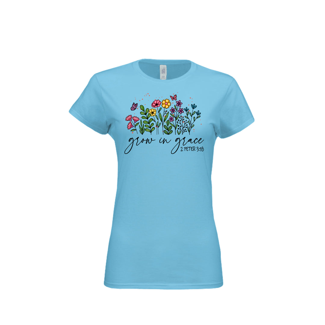 Grow in Grace Fitted Tee in Sky – front graphic
