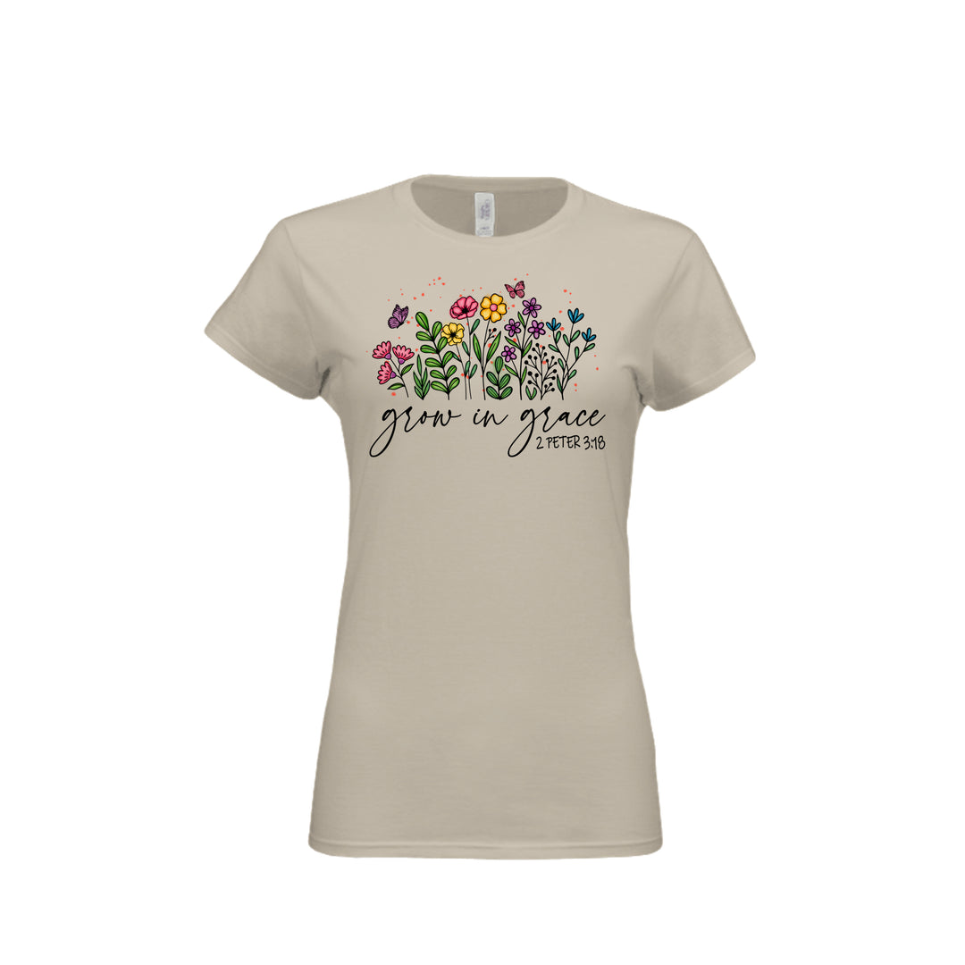 Grow in Grace Fitted Tee in Sand – front graphic