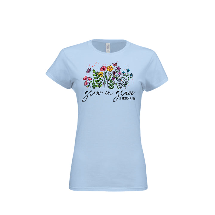 Grow in Grace Fitted Tee in Light Blue – front graphic