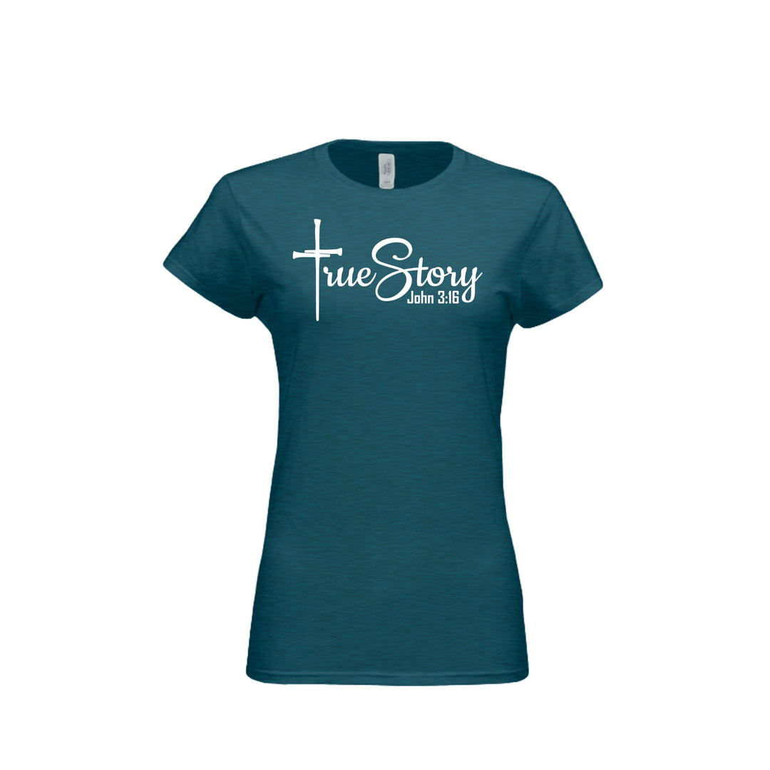 True Story Fitted Tee in Antique Sapphire – front graphic