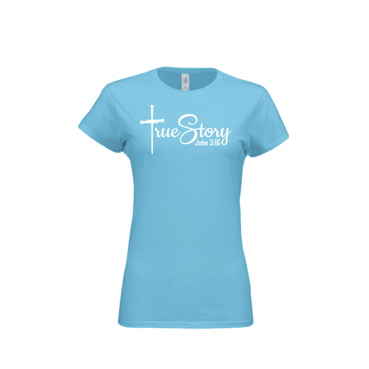 True Story Fitted Tee in Sky – front graphic