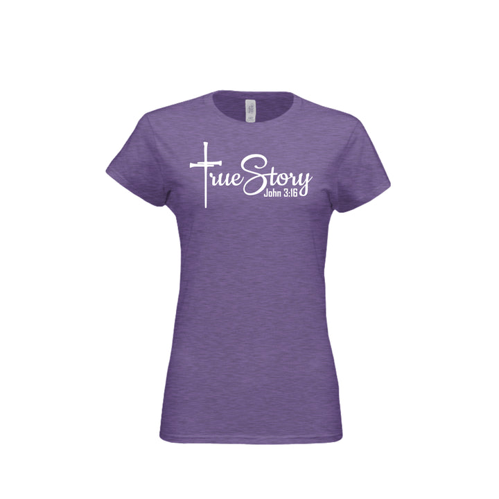 True Story Fitted Tee in Heather Purple – front graphic