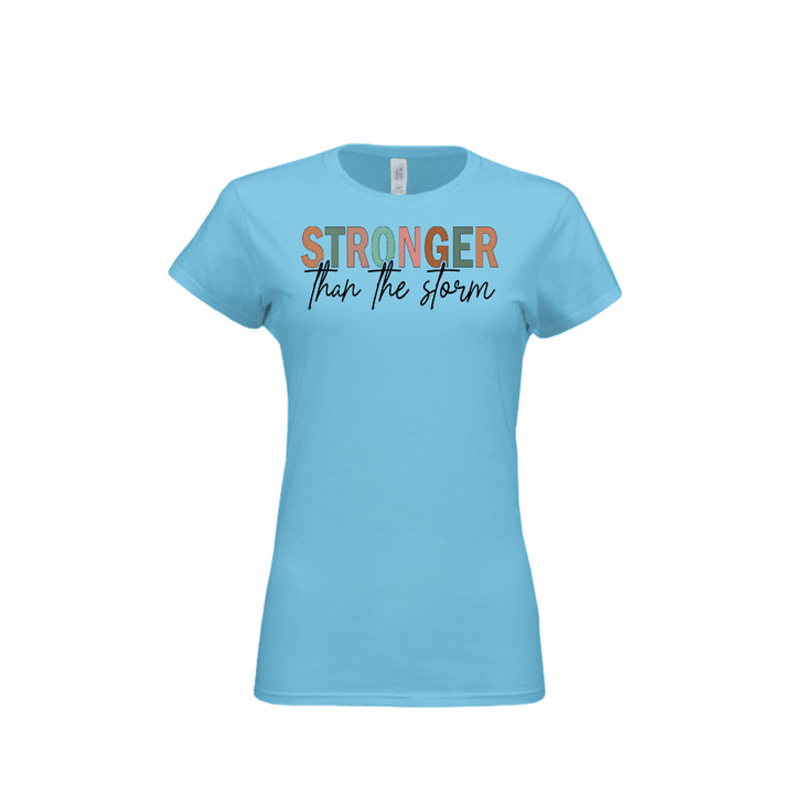 Stronger Than the Storm Fitted Tee in Sky – front graphic