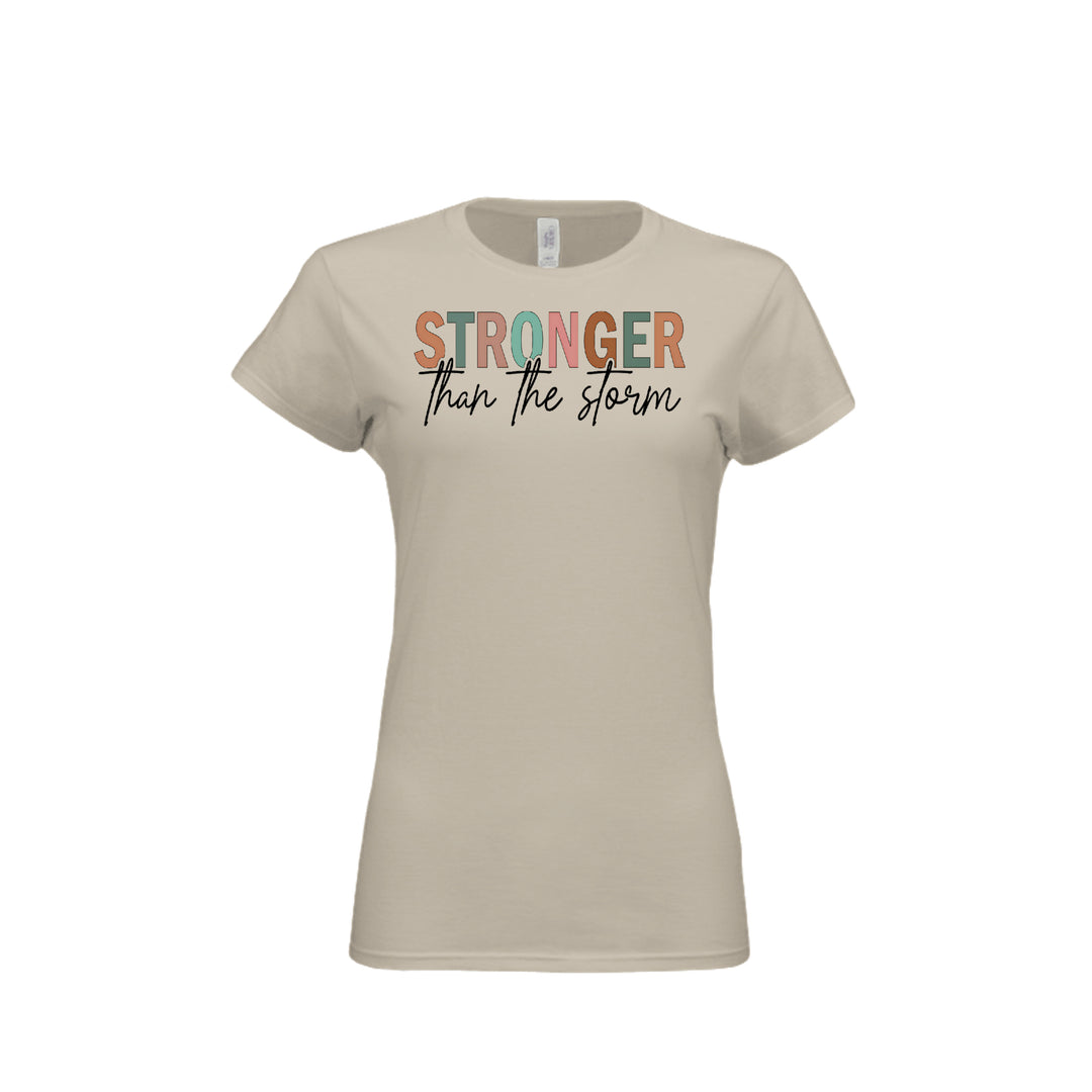 Stronger Than the Storm Fitted Tee in Sand – front graphic