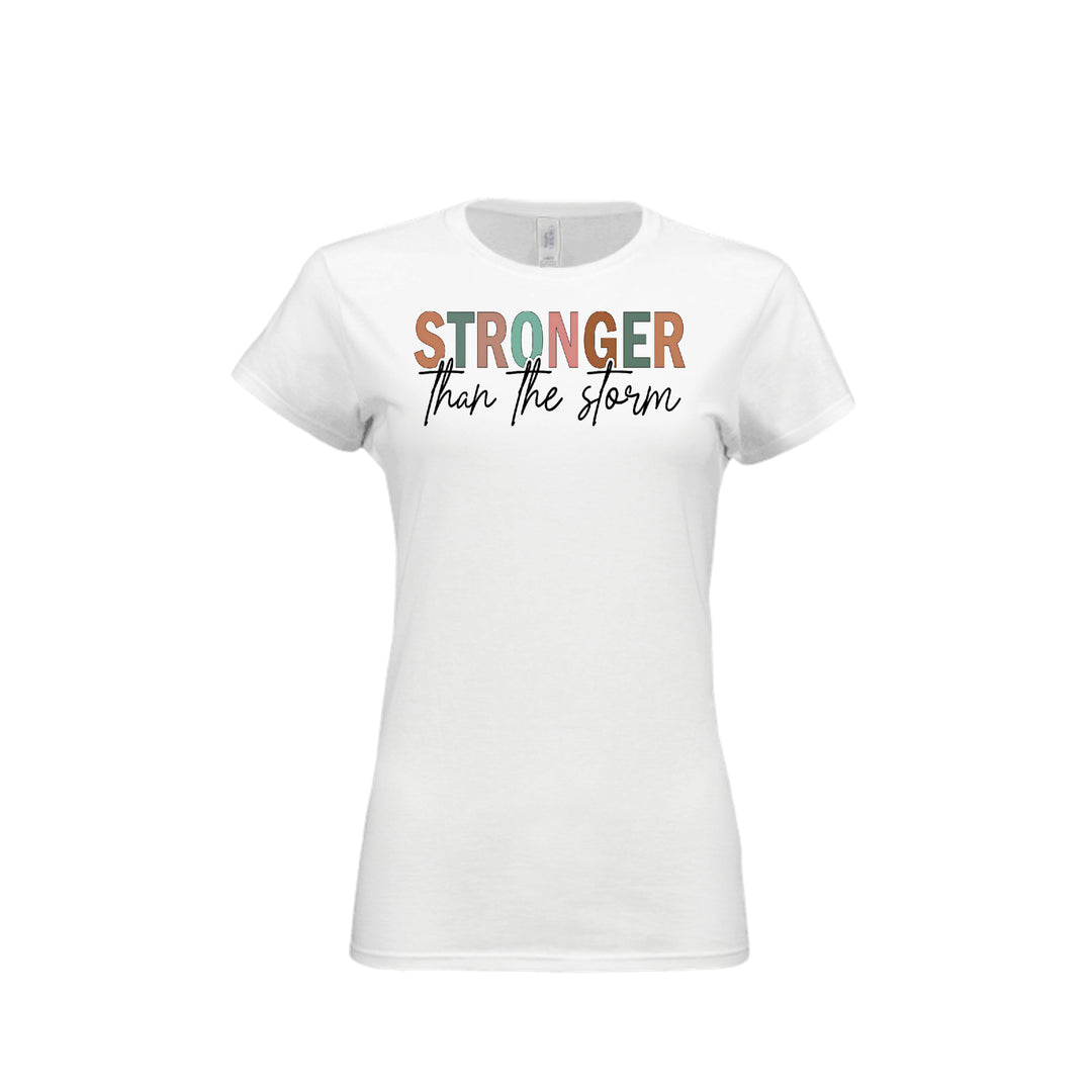 Stronger Than the Storm Fitted Tee in White – front graphic