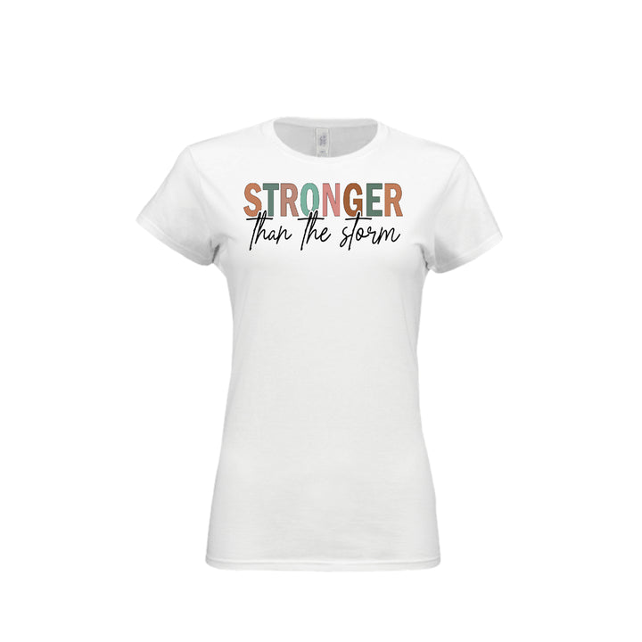 Stronger Than the Storm Fitted Tee in White – front graphic