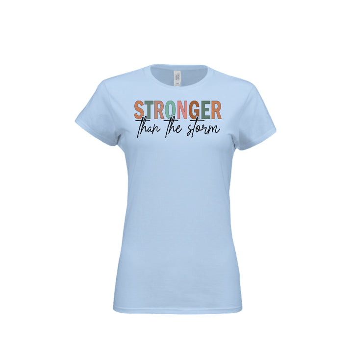 Stronger Than the Storm Fitted Tee in Light Blue – front graphic