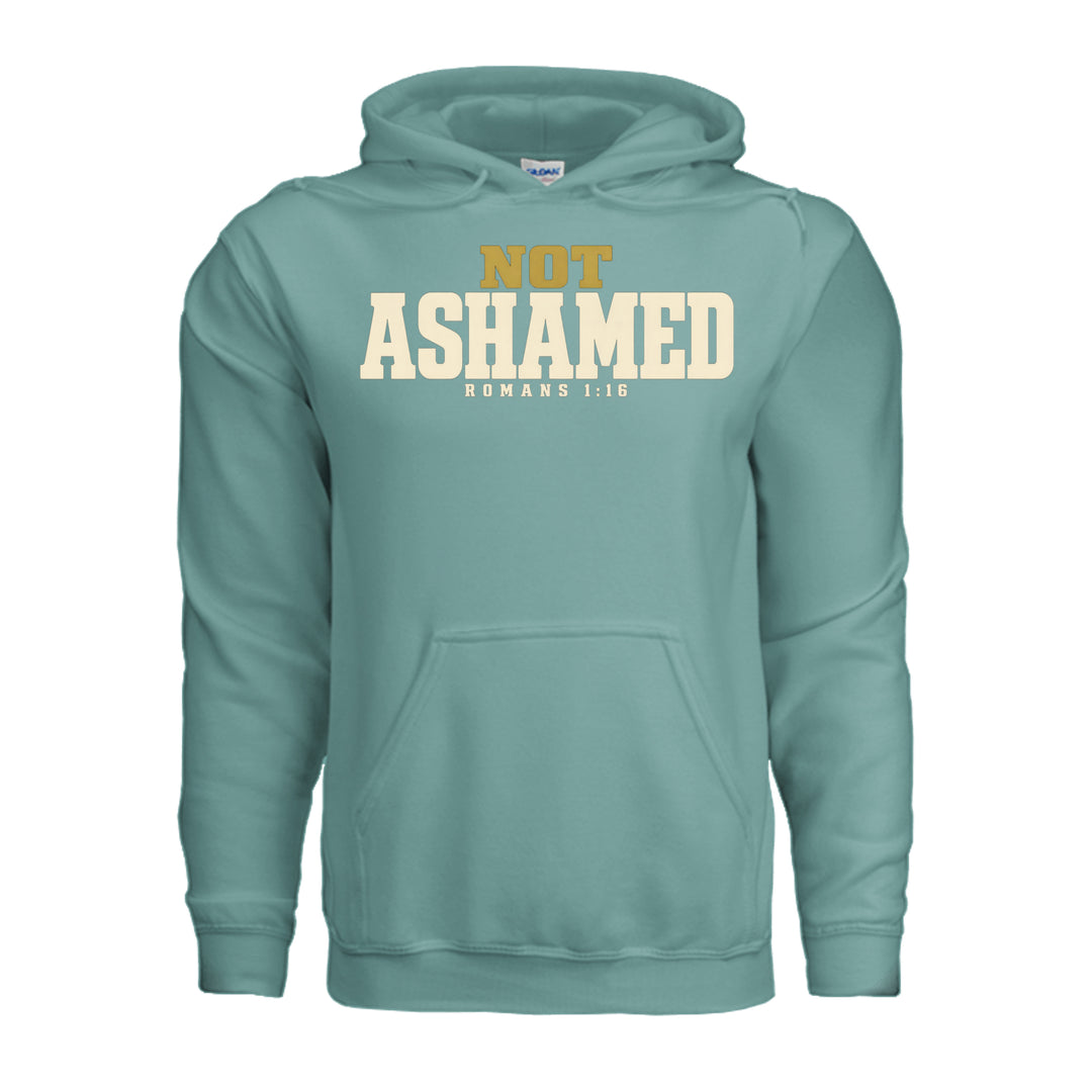 Not Ashamed Hoodie in Aquatic, front with gold and ivory Romans 1:16 design by Stone &amp; Sling