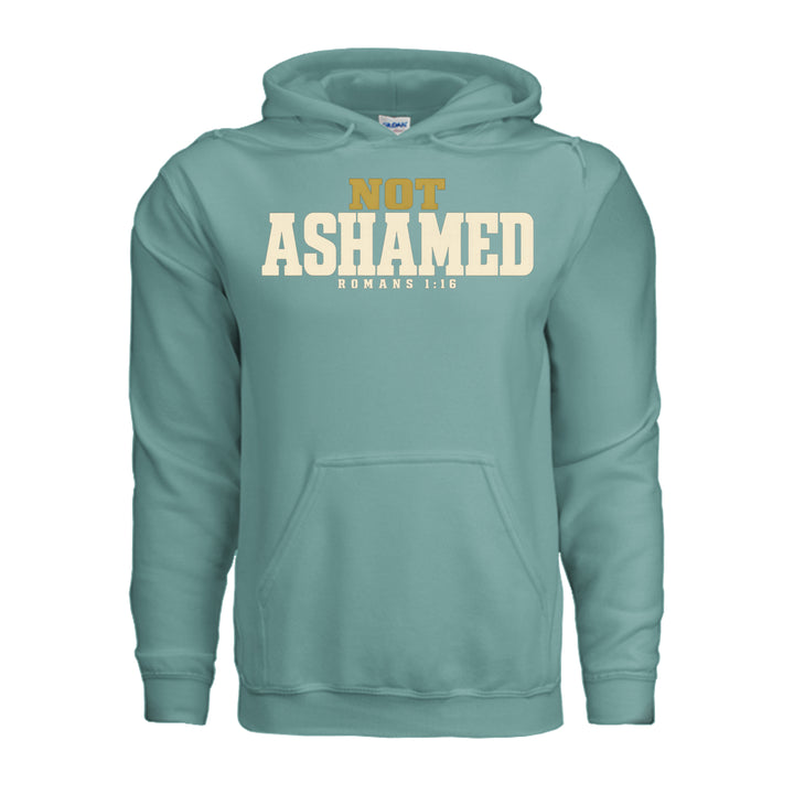 Not Ashamed Hoodie in Aquatic, front with gold and ivory Romans 1:16 design by Stone &amp; Sling