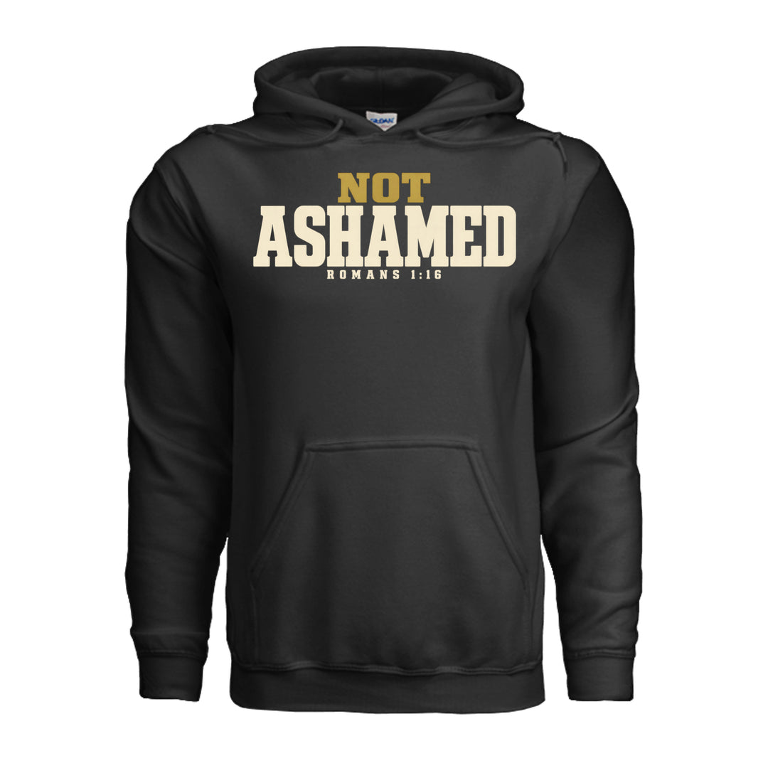 Not Ashamed Hoodie in Black, front with gold and ivory Romans 1:16 design by Stone &amp; Sling