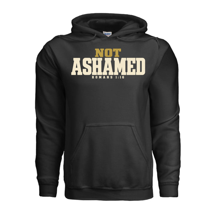 Not Ashamed Hoodie in Black, front with gold and ivory Romans 1:16 design by Stone &amp; Sling